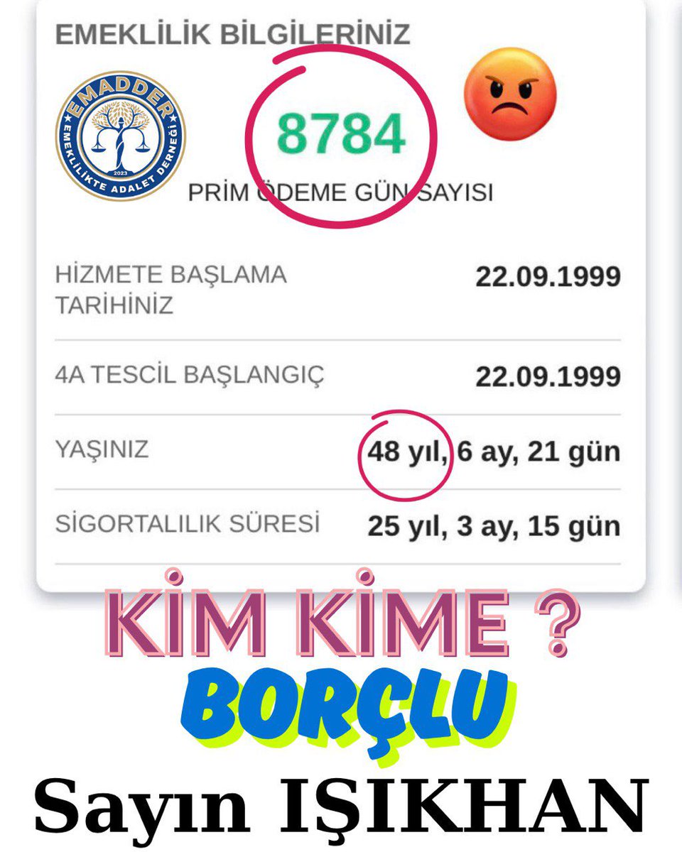 <a href="/EmadDernegi/">EMEKLİLİKTE ADALET DERNEĞİ ⚖️</a> <a href="/RTErdogan/">Recep Tayyip Erdoğan</a> <a href="/isikhanvedat/">Prof. Dr. Vedat Işıkhan</a> <a href="/csgbakanligi/">T.C. Çalışma ve Sosyal Güvenlik Bakanlığı</a> <a href="/NumanKurtulmus/">Numan Kurtulmuş</a> <a href="/TBMMresmi/">TBMM</a> Adalet gecikirse, mağduriyet derinleşir.
08.09.1999 sonrası emekçiler yıllardır belirsizlik içinde.
Bu belirsizlik kademeli emeklilik ile son bulmalıdır.
<a href="/isikhanvedat/">Prof. Dr. Vedat Işıkhan</a>
<a href="/csgbakanligi/">T.C. Çalışma ve Sosyal Güvenlik Bakanlığı</a>
<a href="/TBMMresmi/">TBMM</a>
<a href="/AvOzlemZengin/">Av. Özlem Zengin 🇹🇷</a>
<a href="/EmadDernegi/">EMEKLİLİKTE ADALET DERNEĞİ ⚖️</a>
#KademeKırkÜçtenBaşlar