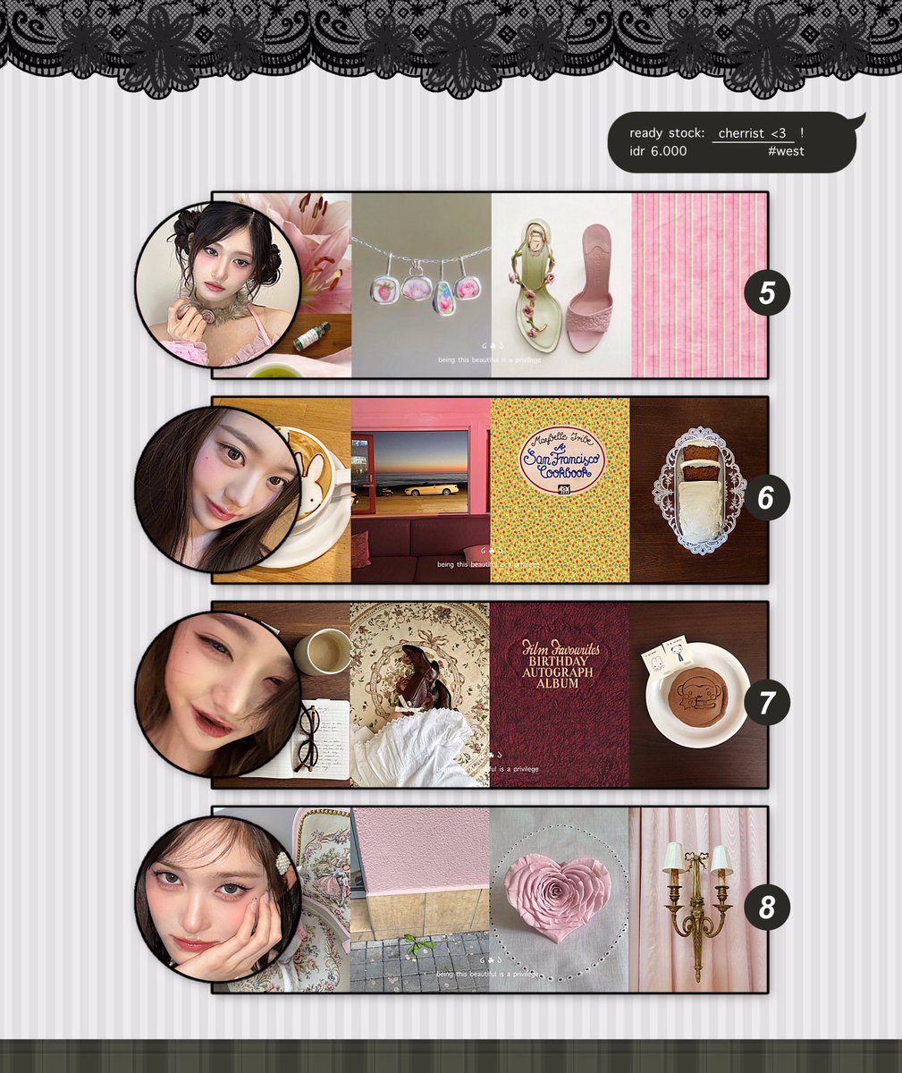 help repost, please? 

hi! aku ada 8 layout moodboard ready stock chara girlgroup &amp; actress: yunjin, yoonseo, jennie, somi, leeseo &amp; wonyoung di bawah ini dengan harga 6.000. untuk lengkapnya cek alt, thank you! ❤︎

#zonauang #zonaba #zonajajan