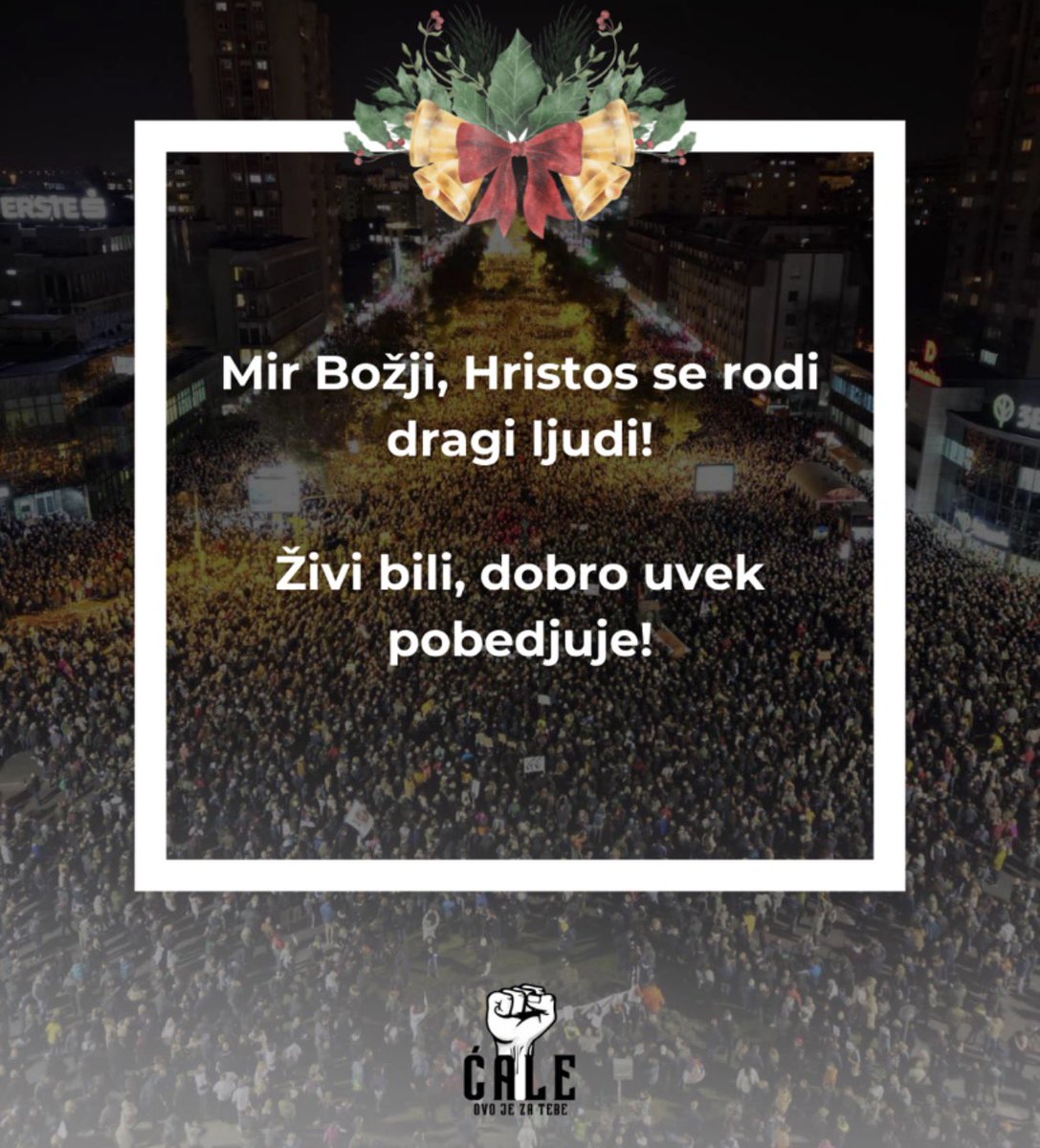 Dragi moji, srećan Božić! Hristos se rodi! 🫶

Srećni i zdravi bili i da sledeći Božić dočekamo u slobodno, nasmejanoj i srećnoj Srbiji! Živi bili! 🌟