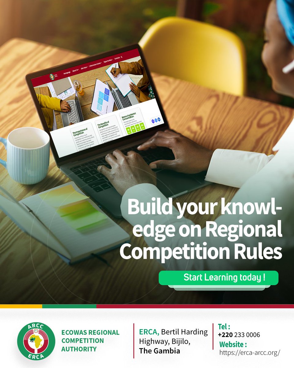 Erca_official's tweet photo. Unlock knowledge on competition rules that shape West African markets.
Start your Learning journey now : https://t.co/SU7lX43JfZ
#ERCA #ECOWAS #eLearning #CompetitionRules https://t.co/r7dROexxjC