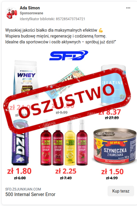 CERT_Polska's tweet photo. 🚨 Noworoczne postanowienia dotyczące formy? Uważaj, oszuści kuszą fałszywymi promocjami!

👀 Obserwujemy kampanię oszustw, w której przestępcy wykupują reklamy na Facebooku dotyczące dietetycznych przekąsek, odżywek, białka oraz suplementów. Reklamy sugerują, że oferta pochodzi ze sklepu SFD.

🔗 Kliknięcie reklamy prowadzi jednak do fałszywej strony podszywającej się pod prawdziwy sklep. Witryna na pierwszy rzut oka wygląda wiarygodnie, ale jej celem jest wyłudzenie Waszych pieniędzy.

⚠️ Zwracajcie szczególną uwagę na adres strony, warto też sprawdzać regulamin sklepu i politykę prywatności. Weryfikujcie opinie innych użytkowników, z zastrzeżeniem, że część z nich mogła zostać dodana przez oszustów. 

✅ Podejrzane reklamy, wiadomości i strony zgłaszaj za pomocą formularza: https://t.co/NNUSNq61UT

W ten sposób pomagasz chronić siebie i innych!