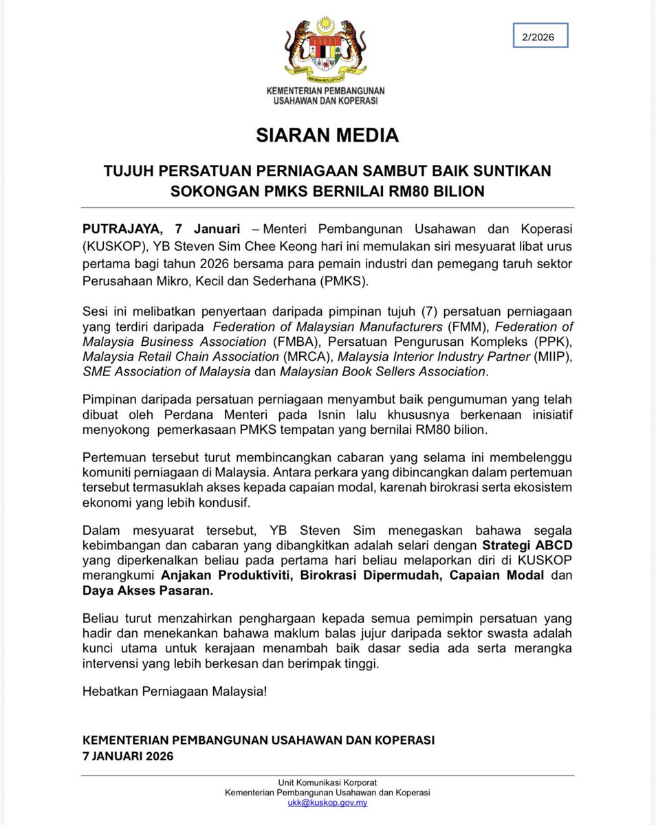 KUSKOPMalaysia's tweet image. [SIARAN MEDIA]

𝐓𝐔𝐉𝐔𝐇 𝐏𝐄𝐑𝐒𝐀𝐓𝐔𝐀𝐍 𝐏𝐄𝐑𝐍𝐈𝐀𝐆𝐀𝐀𝐍 𝐒𝐀𝐌𝐁𝐔𝐓 𝐁𝐀𝐈𝐊 𝐒𝐔𝐍𝐓𝐈𝐊𝐀𝐍 𝐒𝐎𝐊𝐎𝐍𝐆𝐀𝐍 𝐏𝐌𝐊𝐒 𝐁𝐄𝐑𝐍𝐈𝐋𝐀𝐈 𝐑𝐌𝟖𝟎 𝐁𝐈𝐋𝐈𝐎𝐍

KUSKOP
7 𝐽𝑎𝑛𝑢𝑎𝑟𝑖 2026

#KUSKOP #TaatSetia 
#WeMakeitHappen 
#DKN2030 #MalaysiaMADANI