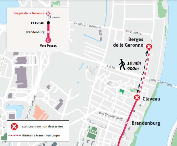 🔴 #TBMTram B interrompu entre Berges de la Garonne et Claveau. Trajet à pied ( 10 minutes). Motif : Rame en  panne  : + d'infos >> infotbm.com/fr/perturbatio…