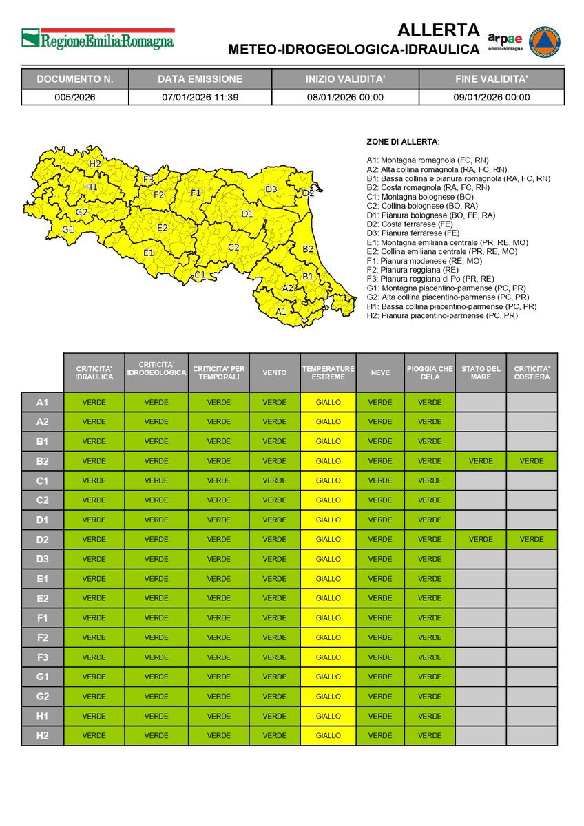 #AllertaMeteoER  Dalle 00:00 del 08/01/2026 alle 00:00 del 09/01/2026 
GIALLA per #freddo
➡️bit.ly/3LBuaKN

#08gennaio #allertaGIALLA