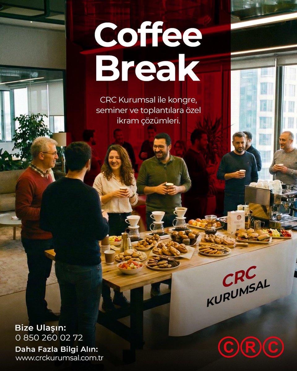 Toplantıların en verimli anı: Coffee Break ☕
CRC Kurumsal ile kongre, seminer ve toplantılarınıza özel;
çay, kahve ve özenle hazırlanan ikram çözümleri.
#CRCKurumsal #CoffeeBreak #KurumsalEtkinlik