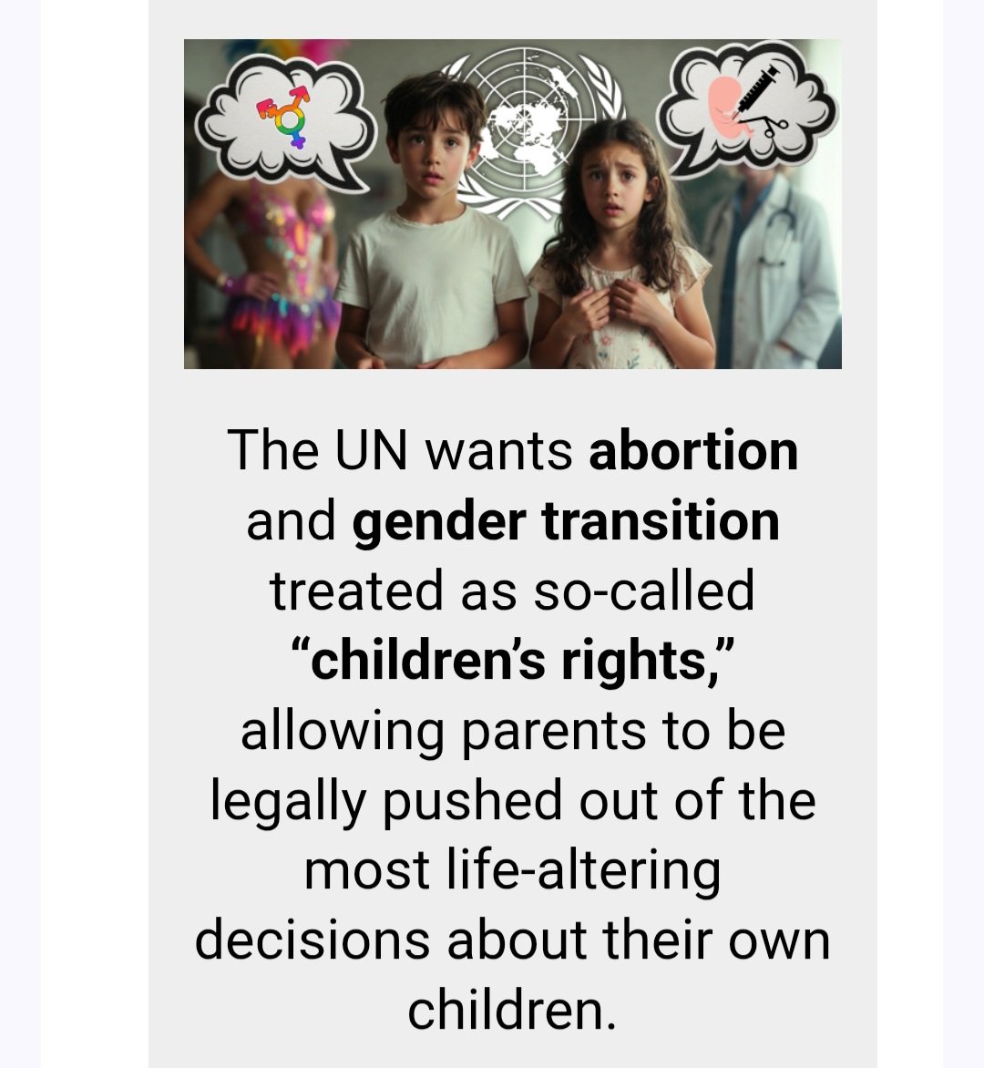 ANO līmenī bērni tiek nevis sargāti, bet pakļauti vēl lielākam riskam! 
Tai vietā, lai veidotu pārdomātu ģimenes politiku, ANO t.s. eksperti vēlas abortus un dzimuma maiņu BĒRNIEM padarīt par cilvektiesībām!

Aicinām <a href="/Arlietas/">Ārlietu ministrija 🇱🇻 | #atbalstuUkrainu 🇺🇦</a> nepieļaut šādas izmaiņas!

citizengo.org/en-row/lf/1724…