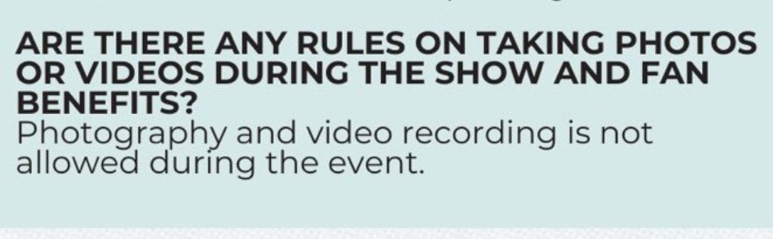 <a href="/Threeanglespro/">Three Angles Production</a> Does this rule mean:

🚫 Prohibited: Flash photography, professional cameras (DSLRs/Mirrorless), and recording the full show

✅️ Allowed: Taking photos and short video clips using your mobile phone

Is this correct? Thank you po! 🙏