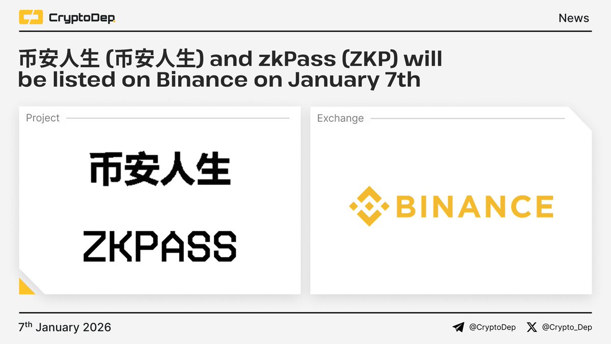 ⚡️ 币安人生#币安人生and @zkPass $ZKP will be listed on @Binance on January 7th  Trading for $币安人生and #ZKP will start on January 7th, at 14:00 UTC with