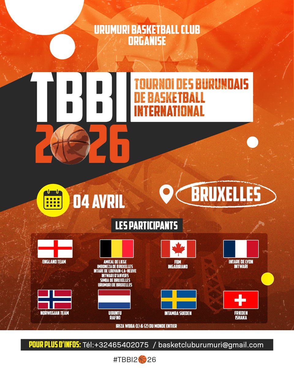Le décompte est lancé pour le #TBBI2🏀26!

​Huit pays, un titre. 

Rendez-vous le 4 avril à #Bruxelles pour une journée de basket mémorable organisée par URUMURI Basketball Club.

​Pour plus d'infos :
📞 0465 402 075
📩 basketcluburumuri@gmail.com
​#TBBI2🏀26 
#Bruxelles 
#Sport