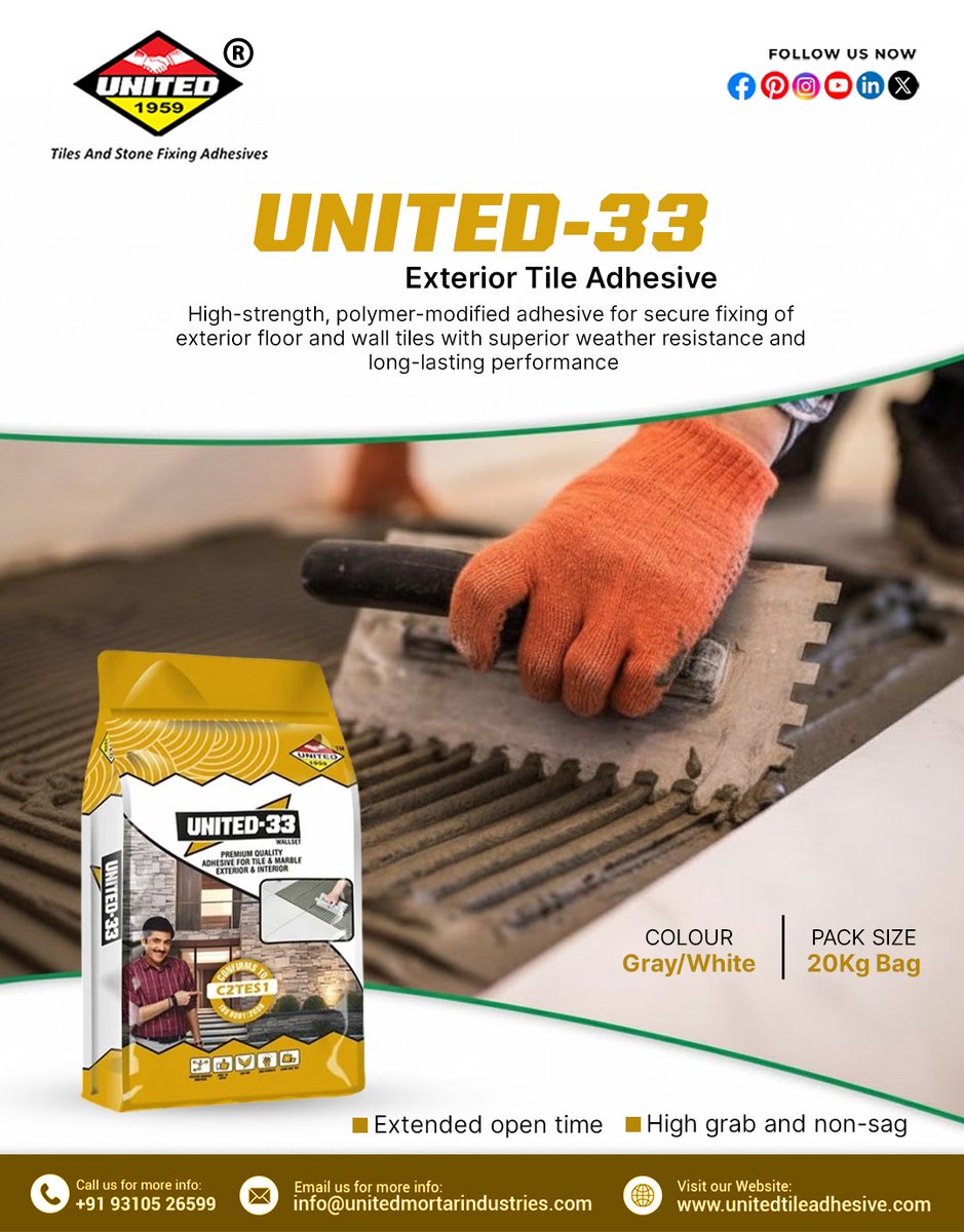 unitedadhesive's tweet photo. Strong bond for every exterior surface!
UNITED-33 Exterior Tile Adhesive offers high grab, non-sag performance &amp; superior weather resistance for long-lasting tile fixing.
📞 +91 93105 26599
🌐 https://t.co/a4rNT8d3dT
#UNITED33 #TileAdhesive #ExteriorTiles #Construction https://t.co/J4DLgsrqF0