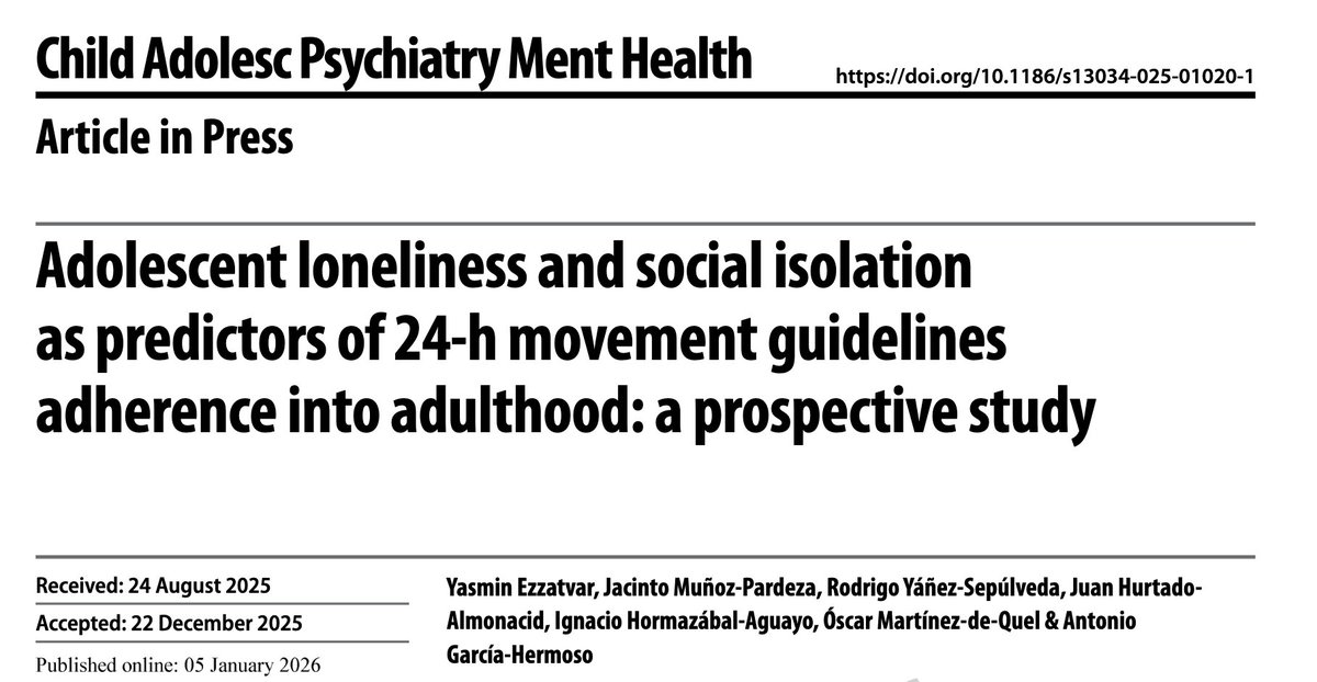 a_garciahermoso's tweet image. Menos conexión social🟰menos hábitos saludables

Nuestro artículo muestra que la soledad y el aislamiento social en la adolescencia se asocian con menos actividad física🏃‍♂️, menos sueño😴 y más sedentarismo🪑. Esa huella puede acompañarnos hasta la adultez

link.springer.com/article/10.118…