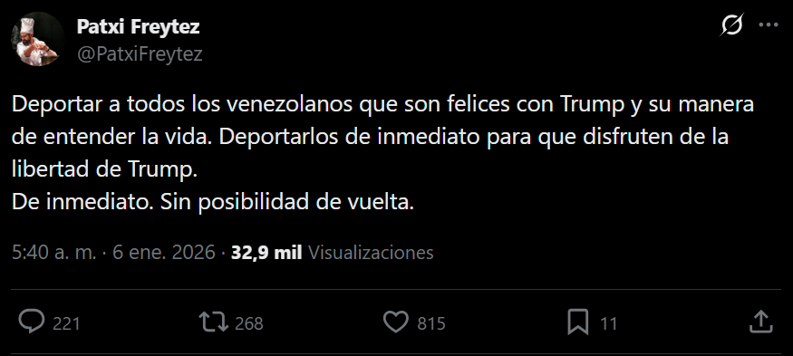 TaisonTV's tweet photo. -La izquierda: Refugees Welcome

-Derecha: Si cometen delitos que los deporten
-La IZQ: Fascistas! no hay que echarlos, hay que darles un cursillo, pobrecitos son nuestros niños

-Venezolanos: Viva Trump!
-La IZQ: Vuelve a tu pais! Deportadlos!

Es lo mas Hitleriano que vi nunca https://t.co/kIOsA3ZYd6