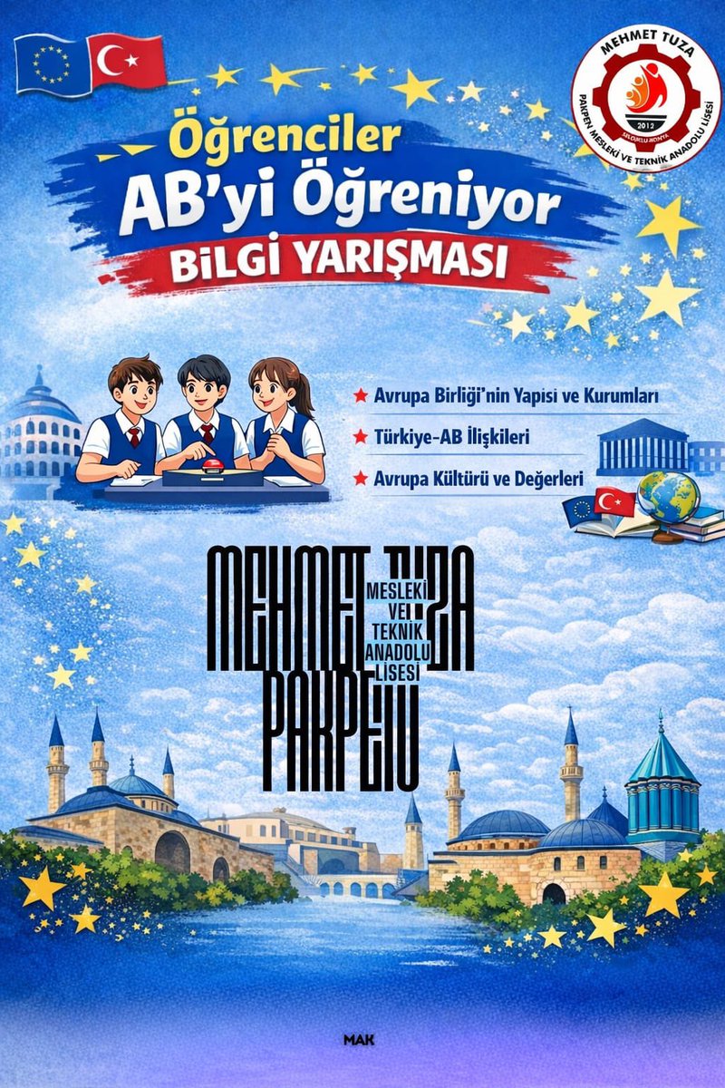 📣Konya il Milli Eğitim Müdürlüğü tarafından yürütülmekte olan “Herkes için AB(EU4ALL) “Jean Monnet projesi kapsamında Mayıs 2026 tarihinde yapılacak olan “AB’yi Kesfet” Bilgi yarismasina 4 ögrenci 1 danışman ögretmenle katiliyoruz❗️
<a href="/konyamem/">Konya İl MEM</a>
@meslekiegitim_42
@tayyipsarii
