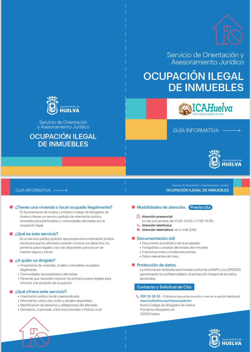 📜#ICAHuelva inicia este jueves8️⃣de enero la gestión del servicio para asesorar sobre casos de ocupación ilegal🏴‍☠️

🗓️Se notificará semanalmente al letrado/a asignado el listado de citas concertadas. 

💡El lunes1️⃣2️⃣enero, a las 17:00 habrá sesión formativa (presencial y online).