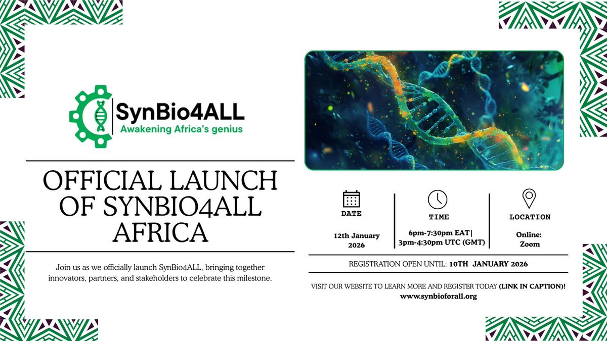 katosebunya1's tweet photo. Register: https://t.co/FkumLSHQb0
We invite you to register &amp; attend the official launch of SynBio4ALL Africa as NGO.
We will share our journey so far, our vision and mission,  
12 Jan 2026 | 6:00–7:30 pm EAT | 3:00-4:30pm UTC (GMT)
Hybrid event. In-person and online (zoom) https://t.co/kJNN7hUKIM