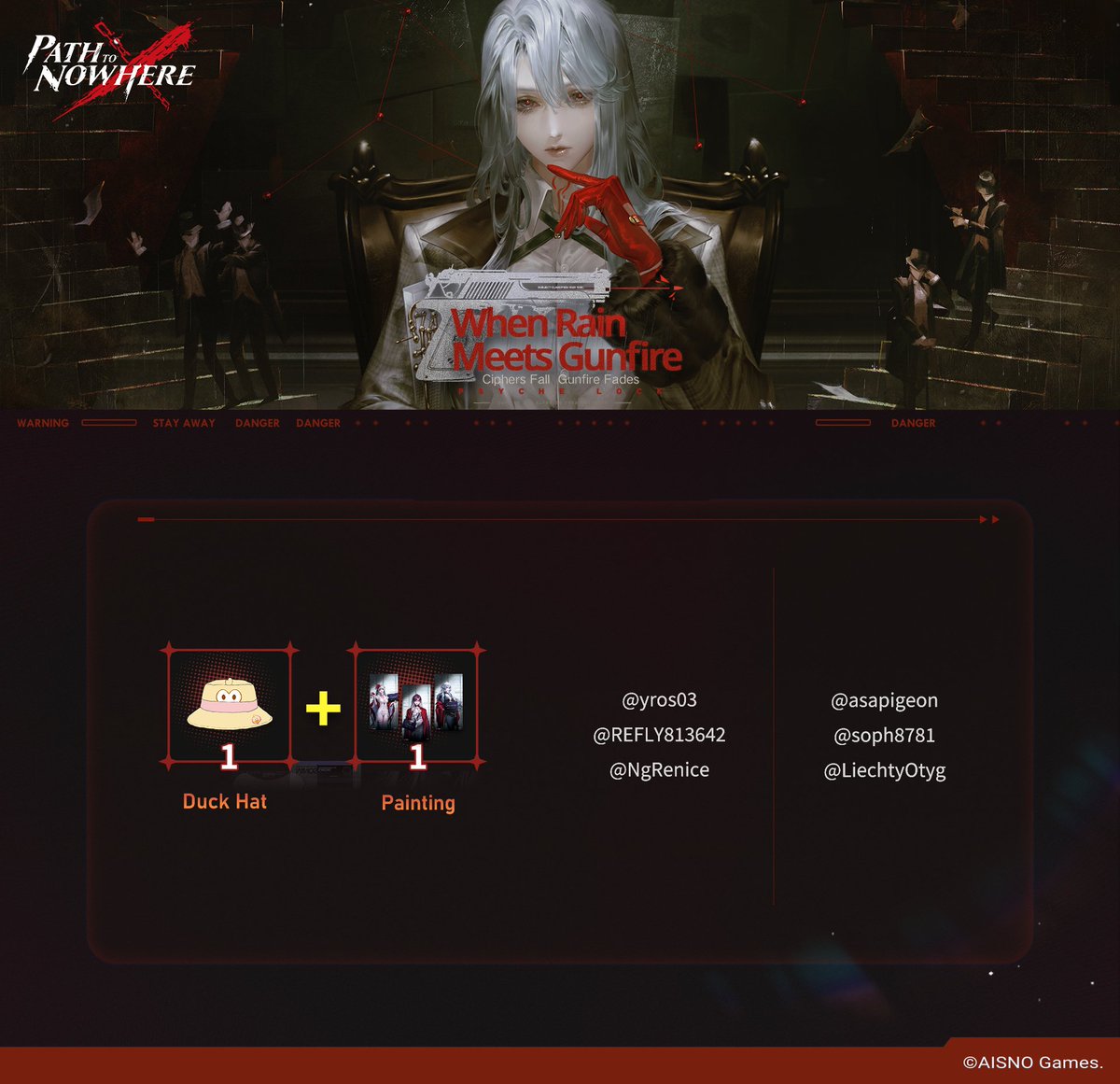 Here is the winner list for the #WhenRainMeetsGunfire Giveaway Event.

Congratulations! We will contact the Chiefs through PM for more details, so please keep an eye on your messages if you are on the list.

Hope you have a nice day at the MBCC!

#PathtoNowhere #PTN