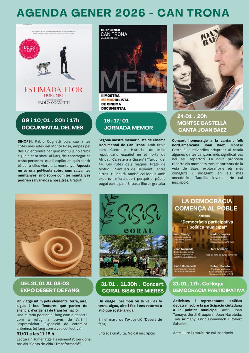 📣Agenda gener 2026 

🪡Can Trona inicia l’any amb una programació cultural diversa i compromesa que, sota el fil conductor “memòria, veu i comunitat”, proposa cinema documental, música, art contemporani i espais de debat ciutadà al llarg del mes.  #lavalldenbas