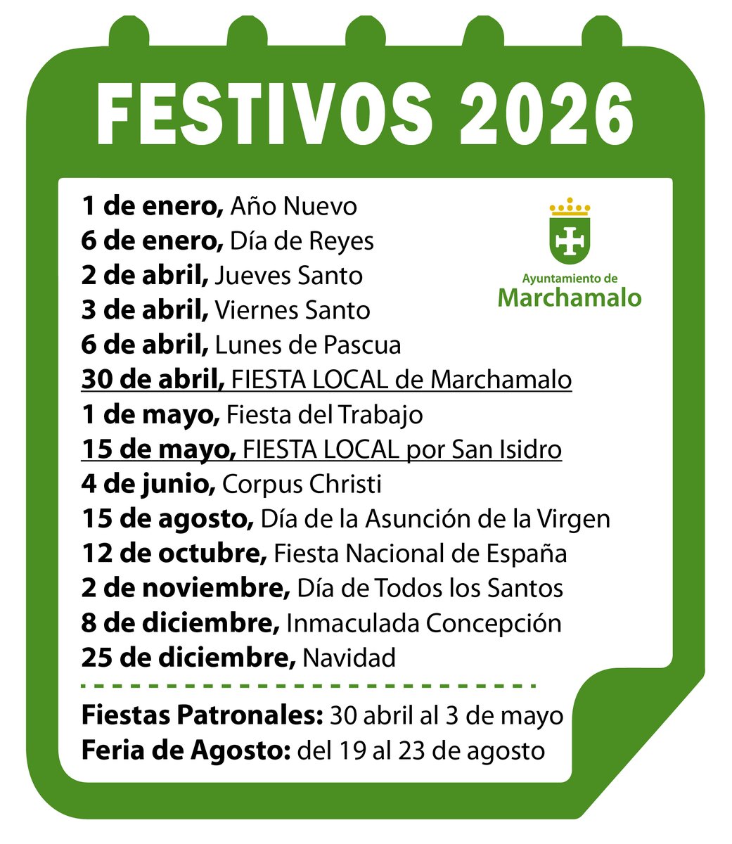 🔊 FESTIVOS 2026 Y FIESTAS LOCALES

Listado con los 14 días laborables que serán festivos durante este año 2026 en #Marchamalo, de ámbito nacional, regional y local.

➡️ Se incluyen los días previstos para la celebración de nuestros periodos de Fiestas:
👉 marchamalo.com/noticias/anunc…