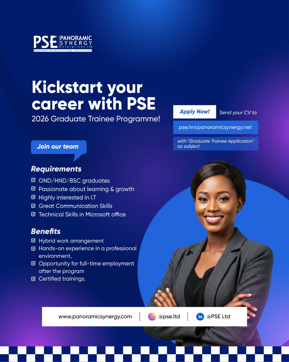 🚀 We’re Hiring: Graduate Trainee Program

Are you a recent graduate ready to start your career in technology and consulting?

Panoramic Synergy Enterprise (PSE) is recruiting motivated and driven graduates to join our Graduate Trainee Program.

See flyer for details 👇