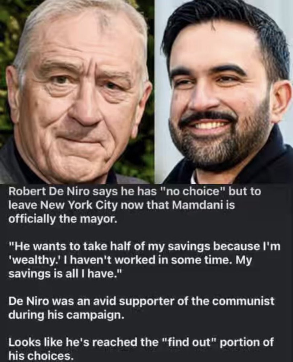 hermanntertsch's tweet image. Robert De Niro, un supremo odiador de Donald Trump, votó al alcalde comunista e islamista Mamdani. Ahora este le pide unos impuestos que De Niro no quiere pagar porque son muchos, porque son un robo como todo lo que hacen socialistas e
islamistas.
Pues De Niro, después de votar…