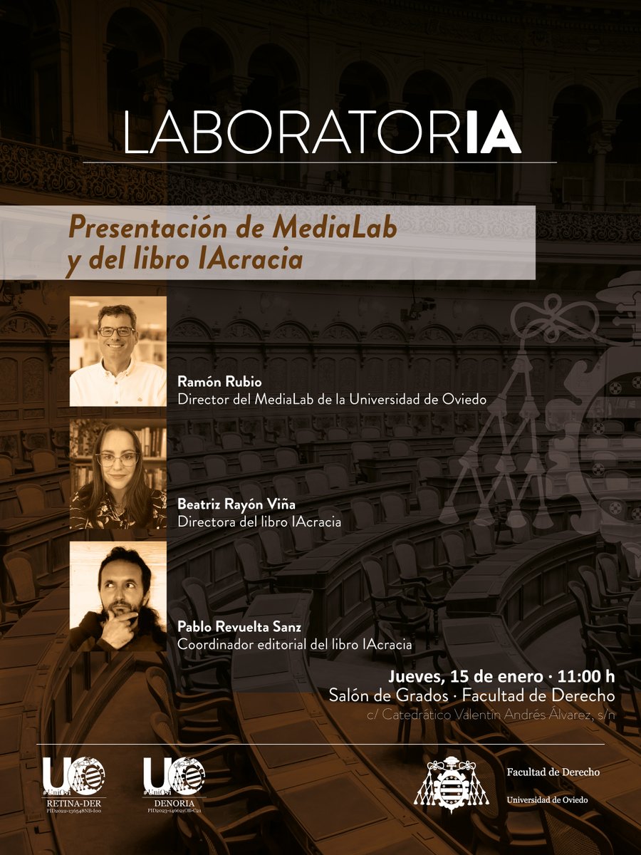 La semana próxima retomamos los seminarios del proyecto LaboratorIA con la presentación del MediaLab y del libro IAcracia: será el 5 de enero a las 11 horas en el Salón de Grados de la Facultad de Derecho de la Universidad de Oviedo. La sesión se grabará y se divulgará el vídeo.