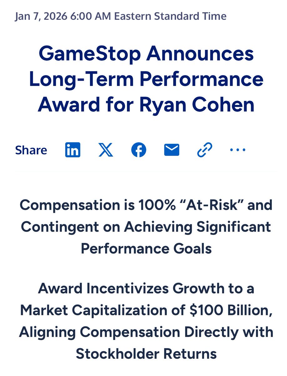ReesePolitics's tweet image. BREAKING: GameStop announces performance-based stock option award to Ryan Cohen $GME.

“The award is designed to incentivize Mr. Cohen to achieve extraordinary growth. In order for the award to fully vest, the Company’s market capitalization would have to grow to $100 billion and…