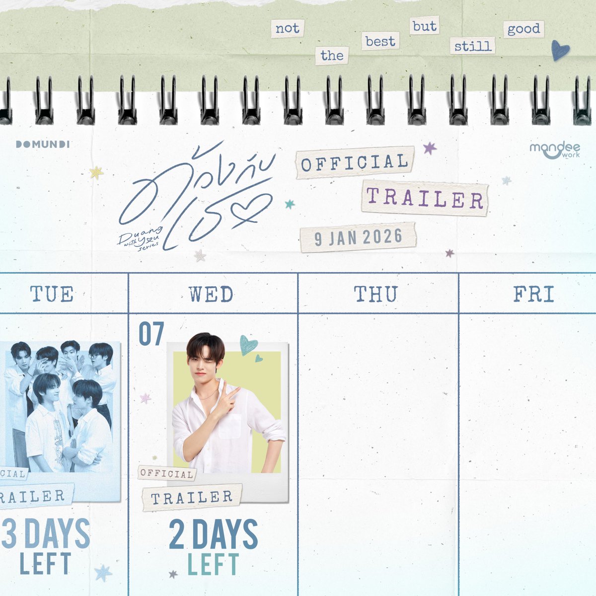 DuangWithYou's tweet image. 𝟮 𝗗𝗔𝗬𝗦 𝗟𝗘𝗙𝗧 ✨

Waiting for… ‘Official Trailer : Duang With You Series’ 🎨🎧

อีก 2 วัน! คุณมามี๊เตรียมตัวมาเติมม๋าด้วง เติมคุณฉินกันนะคะ 🐶🐻‍❄️✨ และอย่าลืมกุมหัวใจไว้ให้ดี! 👀 เพราะด้วงกับเธอจะมาขโมยหัวใจของคุณมามี๊อย่างแน่นอนนน ~ 💕😚

รับชม Official Trailer พร้อมกัน…
