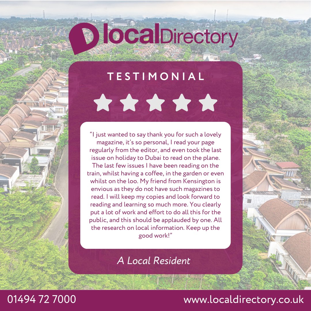 ⭐️⭐️⭐️⭐️⭐️ We love hearing how Local Directory fits into everyday life  From the train to the garden (and even on holiday!), our magazines are helping residents stay connected to what’s happening locally. Thank you for the lovely words – this is why we do what we do #5starreview