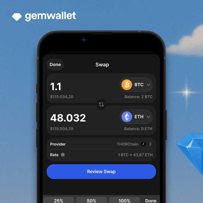 GemWallet's tweet photo. Secure crypto wallet for Bitcoin, Ethereum, USDC, and 100+ blockchains! Built-in native swaps. Trade privately.