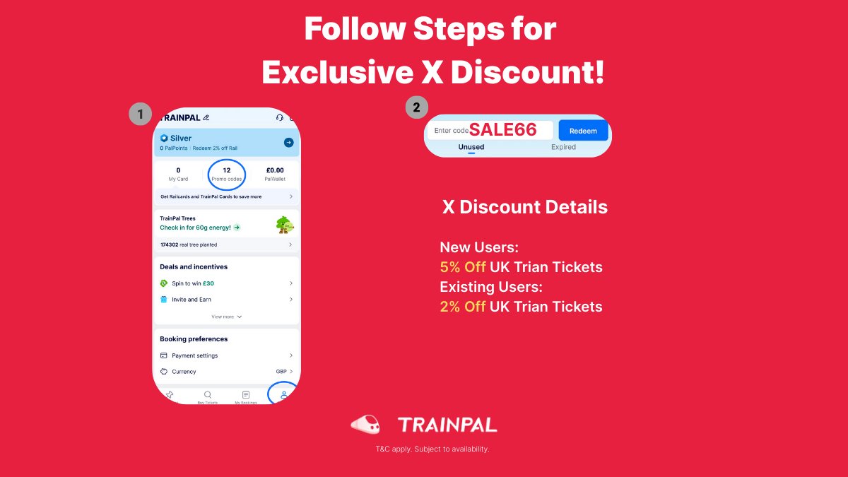 trainpal_go's tweet image. The Great British Rail Sale is on!
🚆 Up to 50% off selected Advance and Off-Peak tickets
🎉Use code SALE66 for your X-exclusive discount!     5% off UK Train Tickets for new users, 2% off UK Train Tickets for regulars.
#trainpal #travelwithtrainpal
#UKBusDeals #TravelSavings