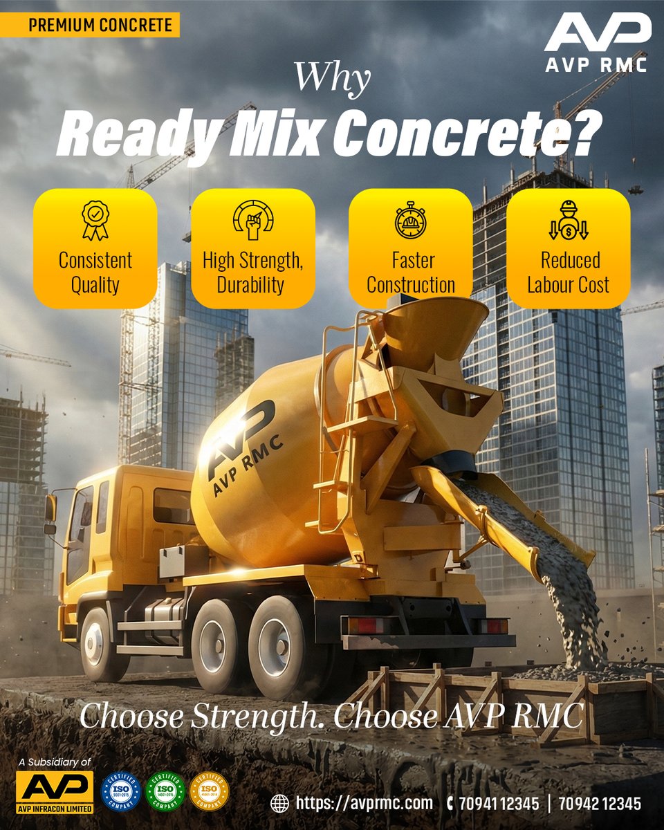 Stronger structures begin with smarter choices. Ready-mix concrete from AVP RMC delivers durability, speed and cost efficiency to meet today’s construction demands.

Visit: avprmc.com
Contact: +91 70941 12345, +91 70492 12345

#AVPRMC #ReadyMixConcrete #BuildStronger