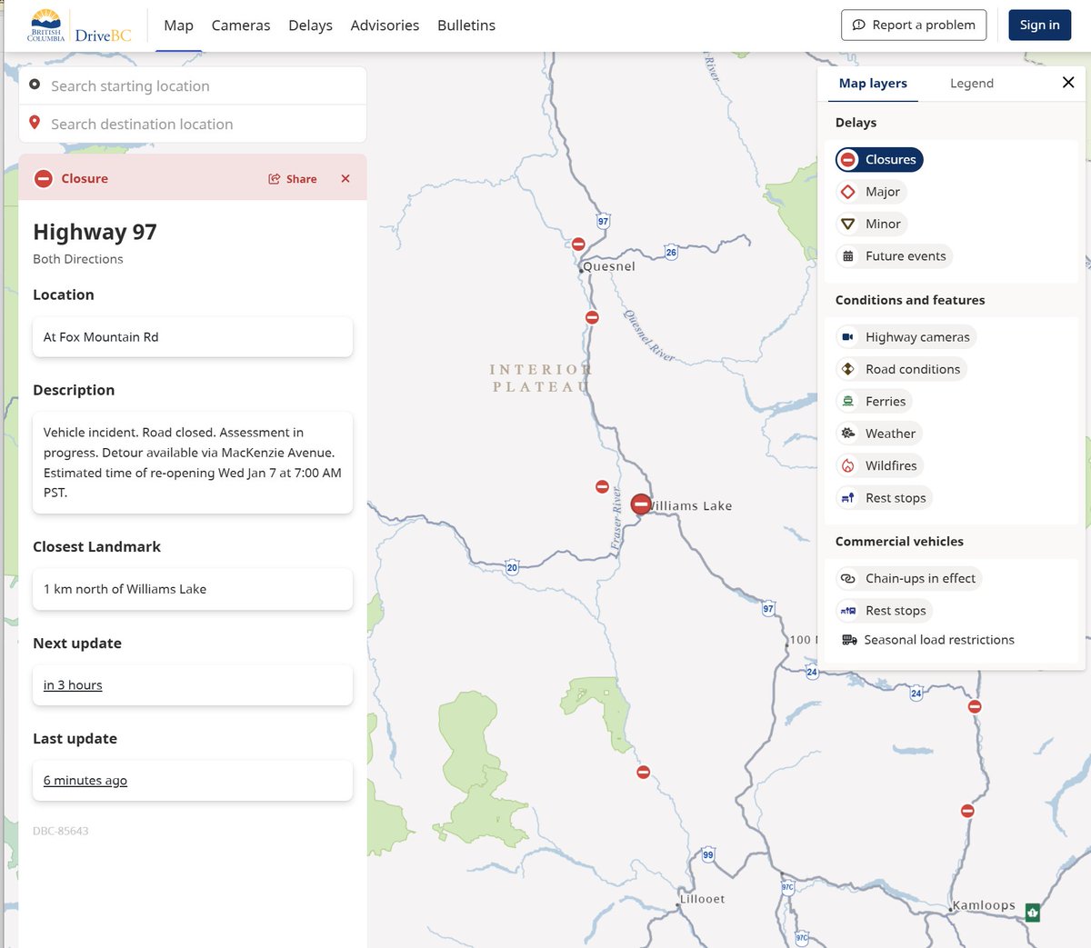 DriveBC's tweet photo. ⛔️#BCHwy97 closed in both directions at Fox Mountain Road in the #WilliamsLakeBC area. Detour available via MacKenzie Avenue. ℹ️https://t.co/oAAQpRsAuG https://t.co/7g8Mg7DJAH
