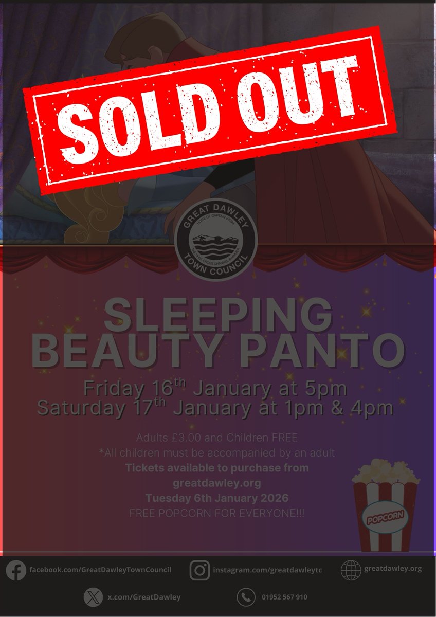 GreatDawley's tweet photo. ⚠️ We are now SOLD OUT on tickets for our upcoming panto, Sleeping Beauty.

If you've booked too many tickets by accident, or you can no longer attend, please email our events team at events@greatdawley.com so we can re-allocate these to other families that would like to attend. https://t.co/F9I7ZPxZZD