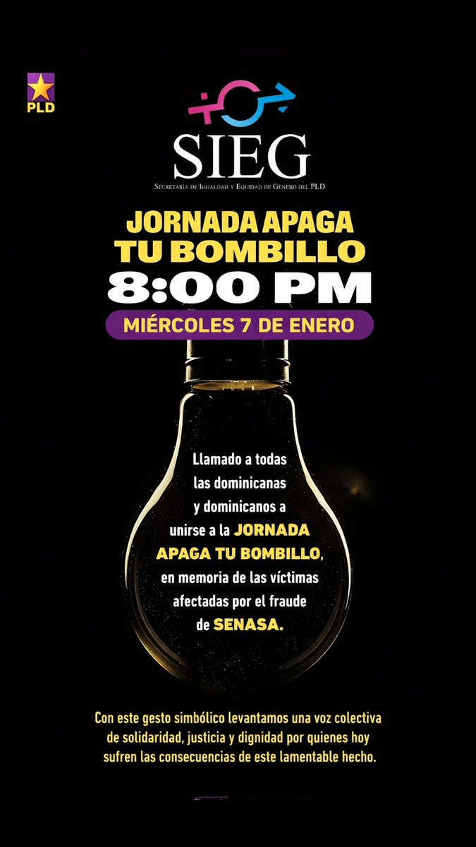 siegpld's tweet photo. 💡 Apaga tu bombillo. Enciende la conciencia.
📅 Miércoles 7 de enero | ⏰ 8:00 p. m.
Un gesto de solidaridad por la justicia y la dignidad. https://t.co/ZcVaTpVvvL