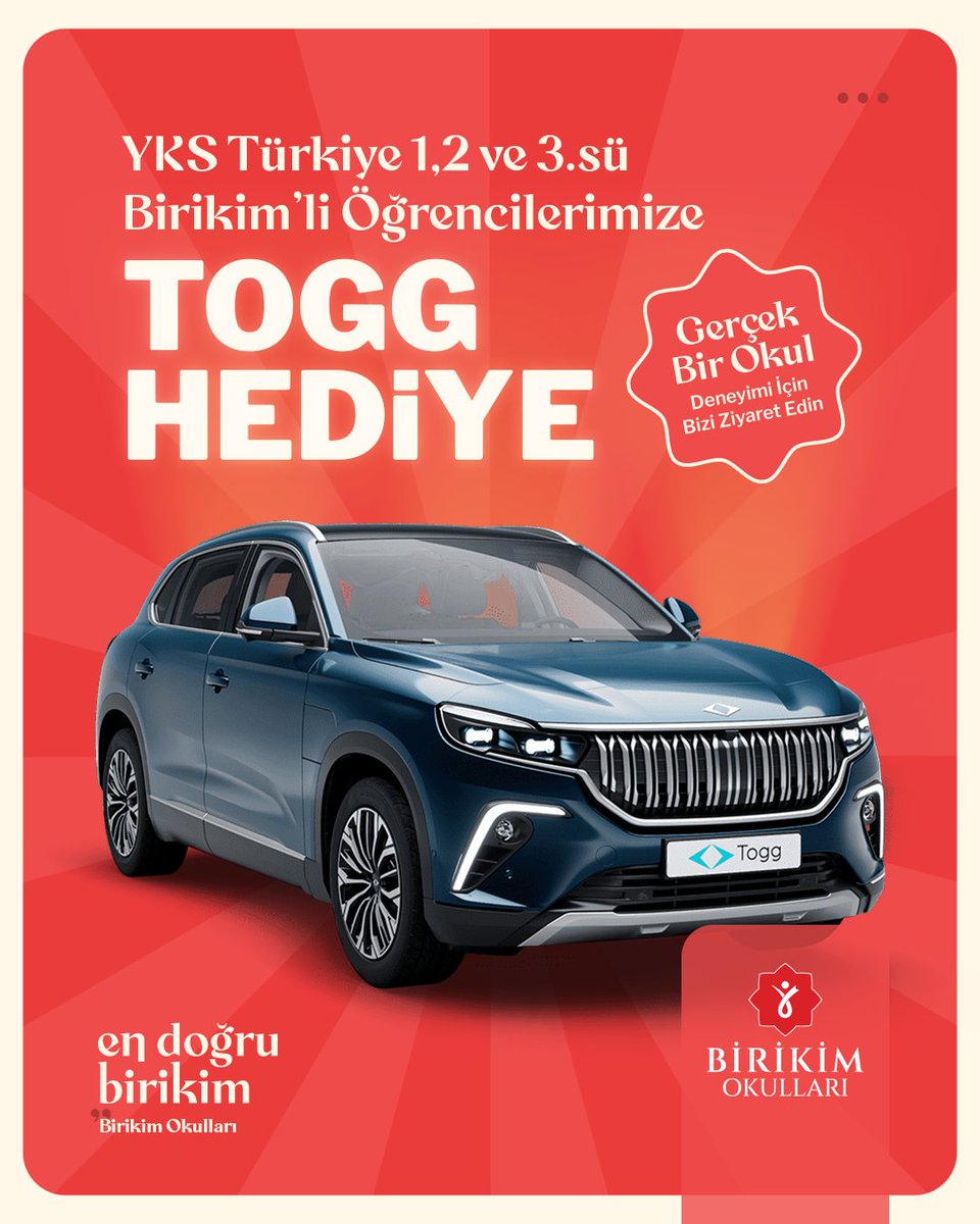 brkmokullari's tweet photo. 》TOGG HEDİYE 

YKS Türkiye 1.2 ve 3.sü Birikim'li Öğrencilerimize TOGG Hediye 

Gerçek Bir Okul Deneyimi İçin Bizi Ziyaret Edin 
•https://t.co/YWqIDJQX32•

🎯 En Doğru Birikim "Birikim Okulları" https://t.co/HJRRsduw7k
