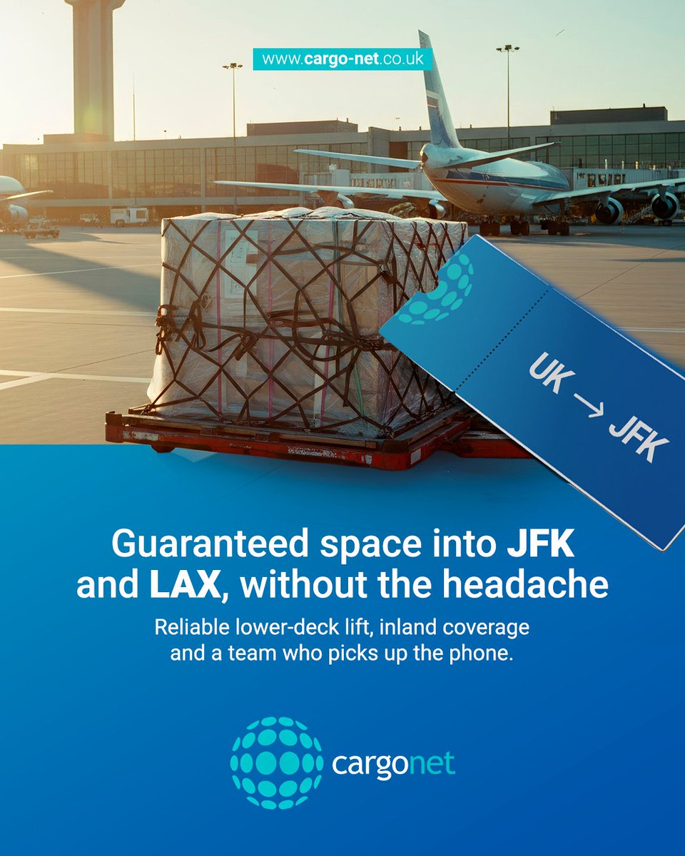 CargonetLtd's tweet photo. We’ve got reliable lift into JFK and LAX 🇺🇸

Lower deck options with strong performance, consistent schedules, and support for everything from dense cargo to time-sensitive shipments.

If you’re shipping into the States, we’ll get you fast options and straight answers. https://t.co/clUB5mAVo2