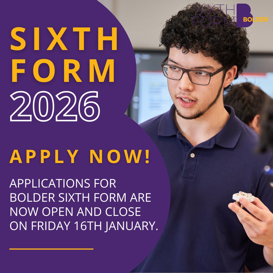 Bolder Sixth Form is warm, welcoming and inclusive.

With small tutor groups and regular 1-1 check-ins, every student receives personalised academic and wellbeing support.

Applications are open &mdash; closing Friday 16th January.
Apply here:&nbsp; bolderacademy.co.uk Image