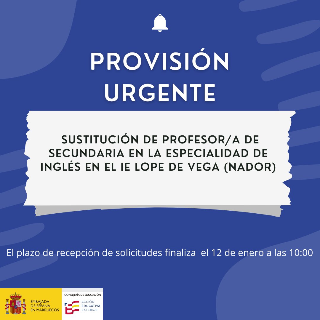 ConsejeriaEduc1's tweet photo. 📣Se precisa urgentemente cubrir una sustitución de profesor/-a de Secundaria para la especialidad de Inglés en el Instituto Español Lope de Vega de Nador .
🔗https://t.co/4zJ3120ccg
📅El plazo de solicitud finaliza el próximo 12 de enero de 2026 a las 10:00. https://t.co/i1Nb6L72oI