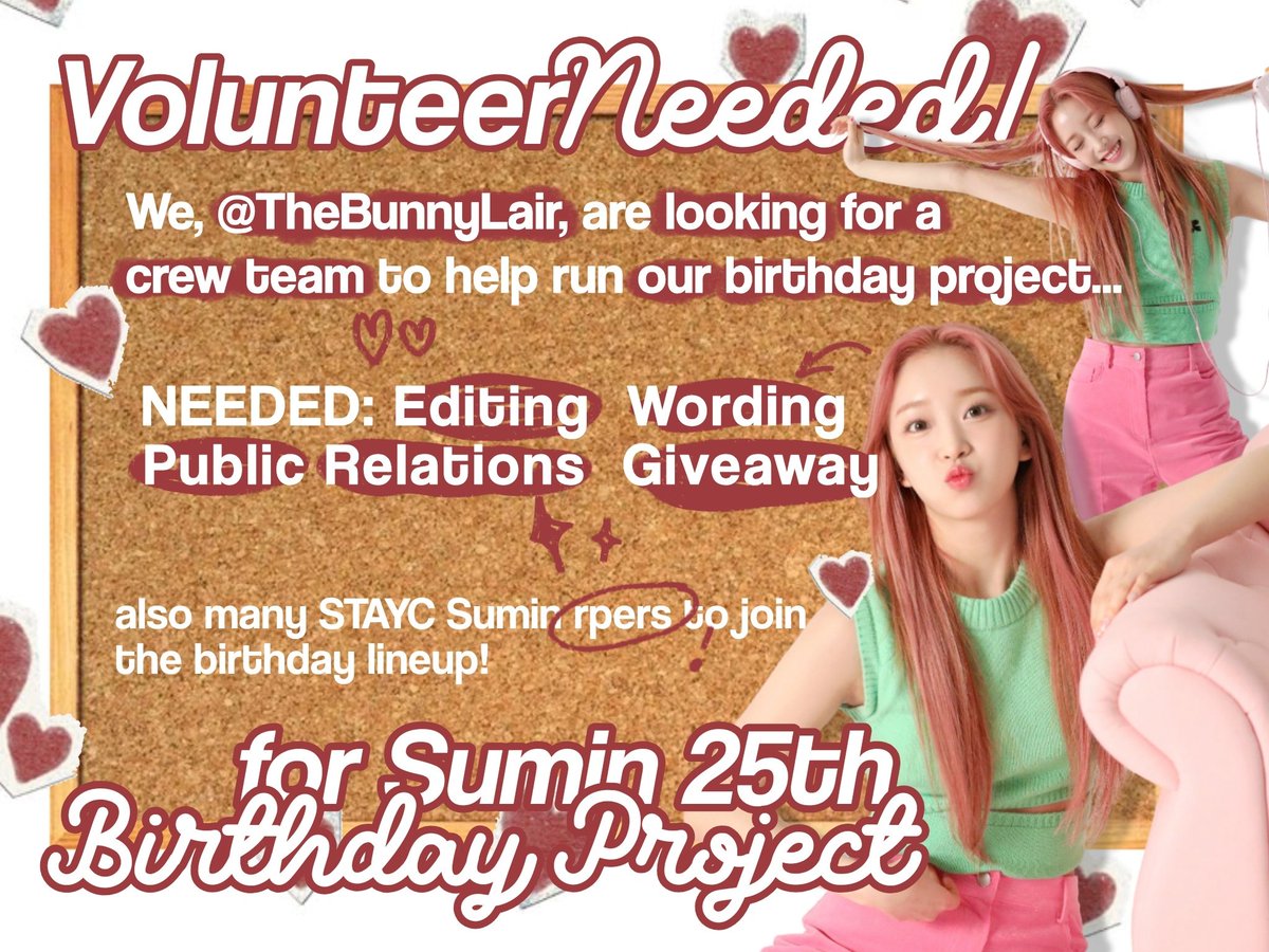 TheBunnyLalr's tweet image. ᅠᅠ
🐰📮: The countdown to 𝗕𝗮𝗲 𝗦𝘂𝗺𝗶𝗻’𝘀 𝗕𝗶𝗿𝘁𝗵𝗱𝗮𝘆 𝗣𝗿𝗼𝗷𝗲𝗰𝘁 is onⵑ We’re looking for a lovely crew to bring this celebration to life. If you’d love to be part of something special, sign up here (s.id/VolunteerTBL20…) — we’d truly love to have you. ♥︎
ᅠ