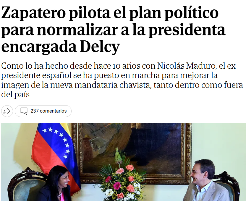 Zapatero coge las riendas del blanqueo de la imagen de Delcy Rodríguez. O como Zapatero intenta controlar la situación para mantener sus complicidades en secreto