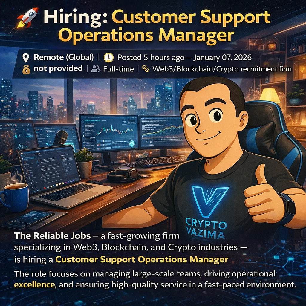 🚀 Hiring: Customer Support Operations Manager 📍 Remote (Global) | 💼  Full-time | 🧑‍💻 Web3/Crypto firm | 💰 not provided The Reliable Jobs —  specializing in Web3, Blockchain, Crypto recruitment — is
