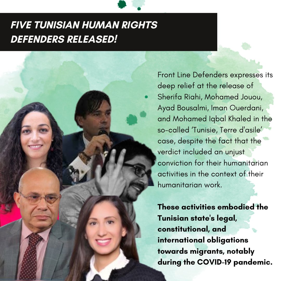 📍Tunisia

Front Line Defenders expresses its deep relief at the release of Sherifa Riahi, Mohamed Jouou, Ayad Bousalmi, Iman Ouerdani, and Mohamed Iqbal Khaled in the so-called ‘Tunisie, Terre d'asile’ case, despite the fact that the verdict included an unjust conviction for
