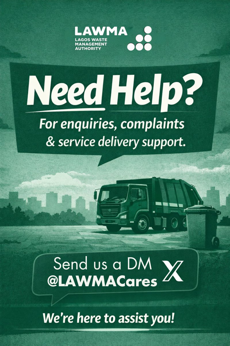 Need help with waste management services?
For enquiries, complaints &amp; service delivery support, send us a DM <a href="/LawmaCares/">LAWMA Customer Care</a>