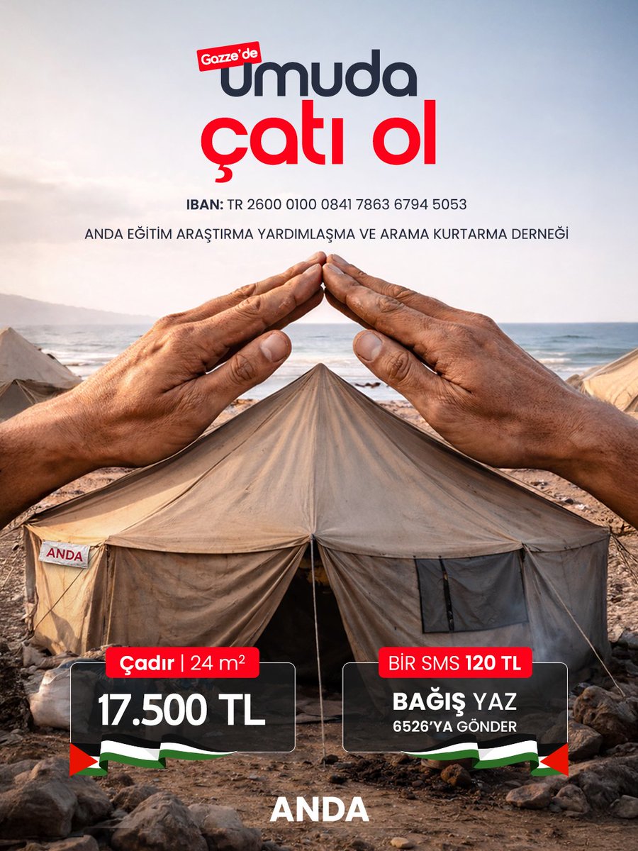 Kış şartları ağırlaşan Gazze’de
kardeşlerimiz bir bir çadırlarını kaybediyor.

Islanan her zemin, üşüyen her çocuk bize sorumluluğumuzu hatırlatıyor.

Bir çadır;
bir ailenin nefesi,
bir çocuğun gecesi,
bir annenin duası demek.

Sen de bu fiili duanın bir parçası ol.

Çadır bağış