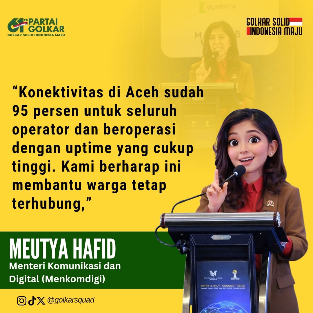Pemulihan Konektivitas Pasca Bencana, Menkomdigi Meutya Hafid Sebut 95 Persen BTS di Aceh Telah Berfungsi 

Menteri Komunikasi dan Digital (Menkomdigi), Meutya Hafid 

golkarpedia.com/pemulihan-kone… 

#61TahunGolkar #Partaigolkar #golkarpedia #bahlillahadalia  #meutyahafid