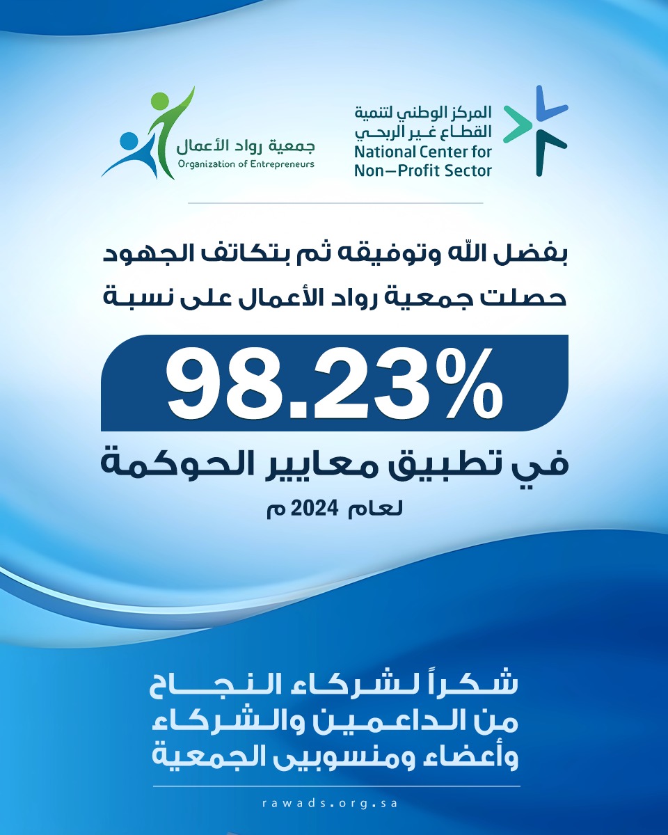 rawadsorg's tweet image. بفضل الله وتوفيقه ثم بتكاتف الجهود
 حصلت جمعية رواد الأعمال على نسبة 98.23% 
في تطبيق معايير الحوكمة لعام 2024م