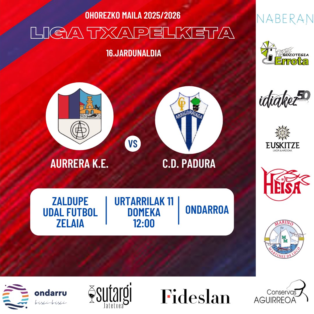 aurreraKE's tweet image. ⚽️ OHOREZKO MAILA | Liga txapelketa
👉 AURRERA K.E. 🆚 C.D. Padura
📌 Urtarrilak 11, domeka.
🕒 12:00
🌱 Zaldupe.

#AurreraBeti 🔴🔵