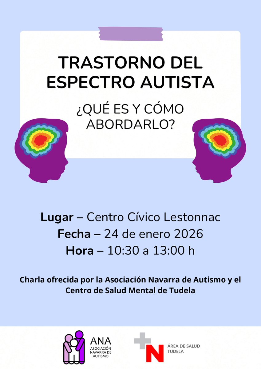 📅 24/01/2026
⏰ 10:30-13:30h
📍 Centro Cívico Lestonnac (Tudela)

Charla informativa sobre el Trastorno del Espectro Autista (TEA) y diferentes formas de abordarlo en el día a día.

¡Os esperamos!💙