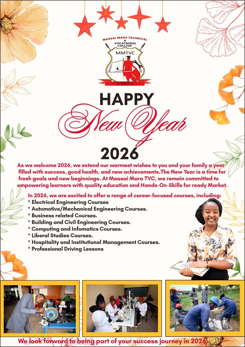 Happy New Year 2026
#NikoSetNaTVET
#FormNiTVET
#January2026IntakeOngoing
Click this link to get admission📷📷📷bit.ly/3H1g8zW