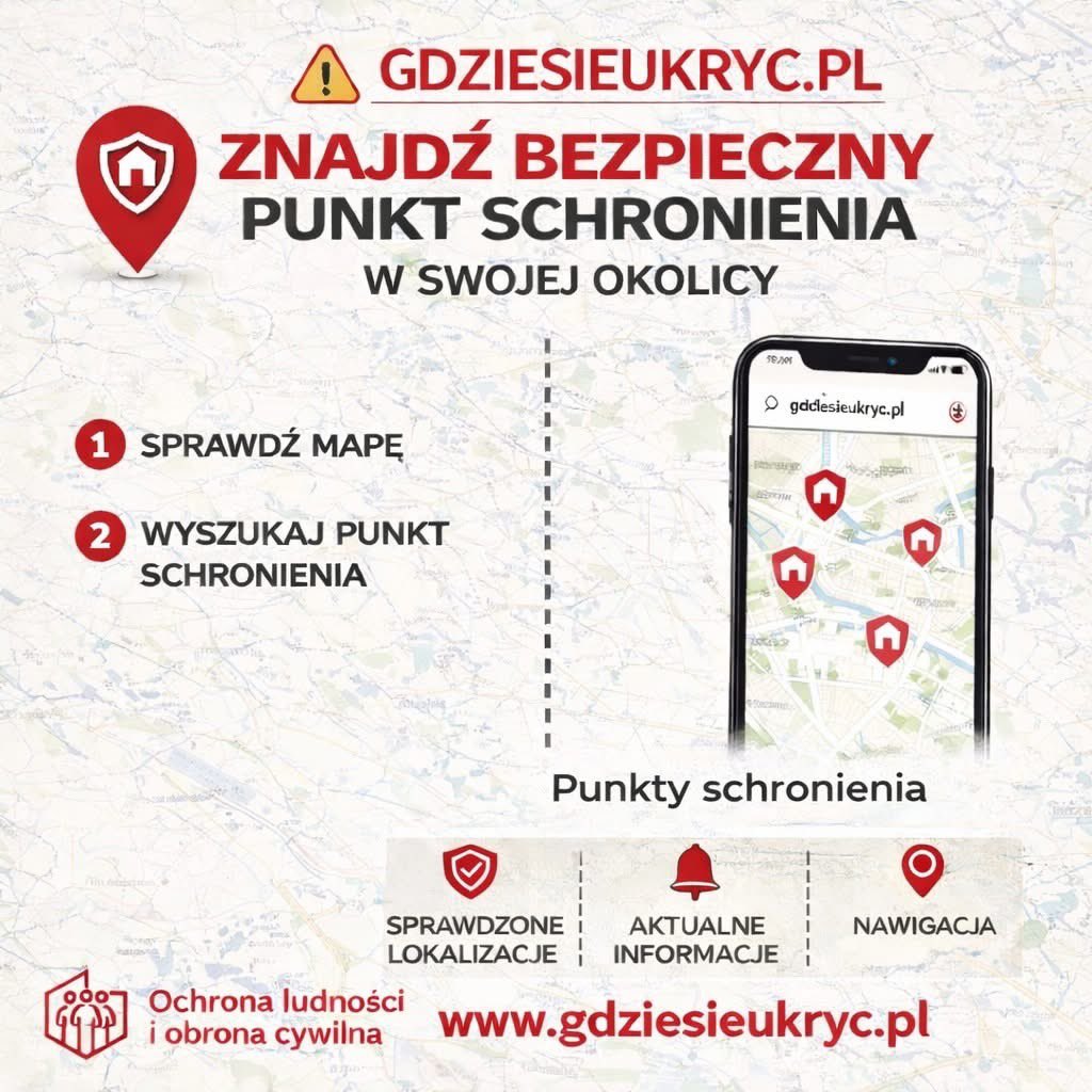 Silne zjawiska pogodowe, zagrożenia, sytuacje kryzysowe mogą pojawić się nagle. Warto wcześniej wiedzieć, gdzie w swojej okolicy można znaleźć bezpieczne schronienie.
📲 gdziesieukryc.pl to aplikacja, który umożliwia szybkie sprawdzenie lokalizacji punktów schronienia.